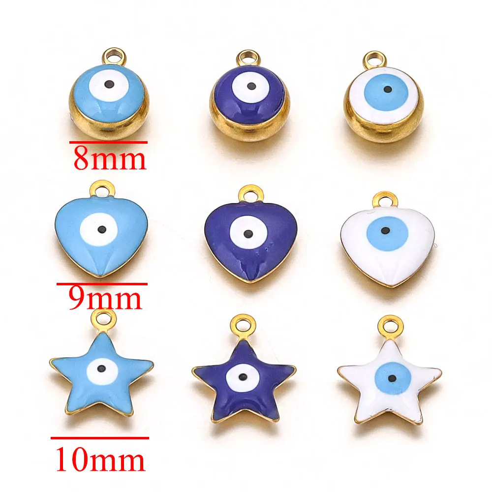 10 PCS/Package Quantity 304 Stainless Steel Material 10 PCS/Package Diameter 5mm 6 Mm 8mm 304 Stainless Steel PVD Coated Real Gold Plated Star Heart Shape Eye Light Pendant DIY Jewelry Accessories