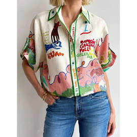 J 20242 Graffiti Print Linen Shirt 涂鸦印花亚麻女衬衫
