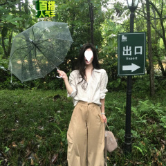 2025年春季新款时尚韩系穿搭感领条纹公主袖搭配休闲裤气质两件套