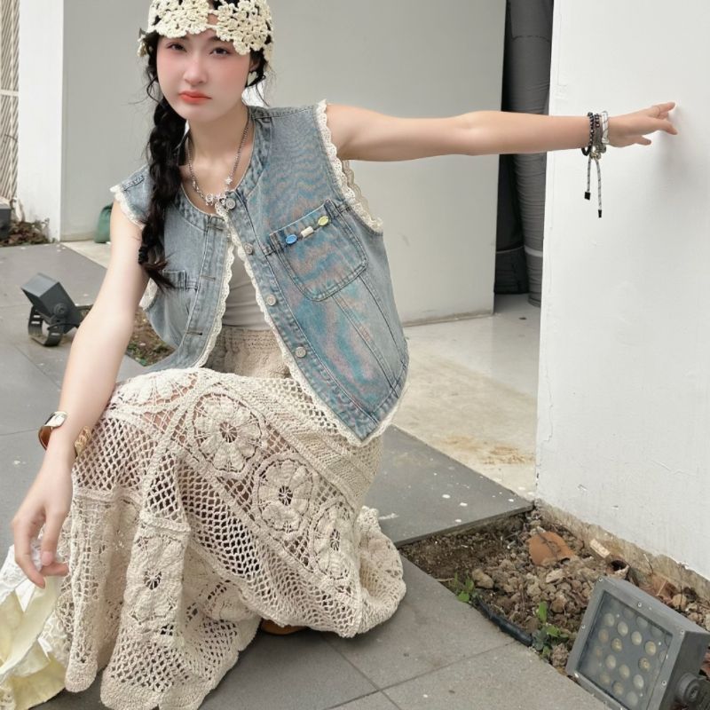 Women's Vest 2025 Spring/Summer New Korean Fashion Versatile Slimming Denim Lace Sleeveless Vest Top