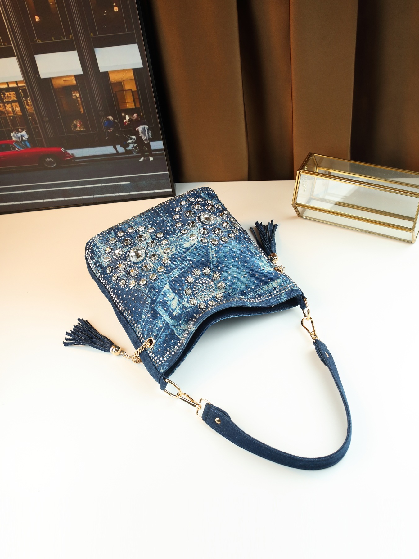 Borsa a spalla da donna in jeans con strass borsa a tracolla_voghion.com