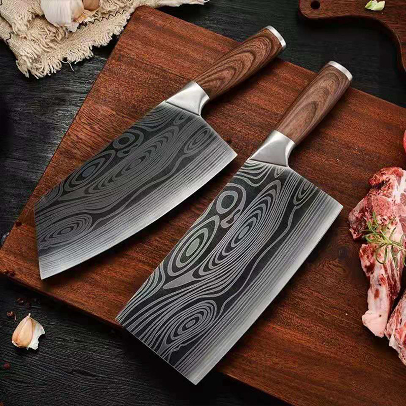 Fábrica en stock cubriendo Damasco hogar cocina cuchillo Acero inoxidable rebanar cortador de hueso imitación madera grano mango cortar cuchillo