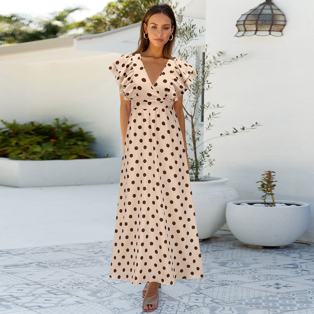 V-neck ruffle sleeve slim long polka dot dress NSHYG125288