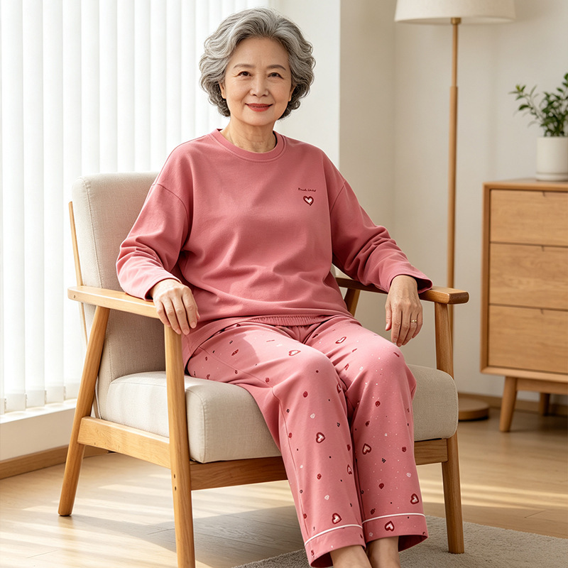 Plus-size autumn quality home wear set for mothers, 100% pure cotton, high-end home wear set for middle-aged mothers Plus-size autumn quality home wear set for mothers, 100% pure cotton, high-end home wear set for middle-aged mothers