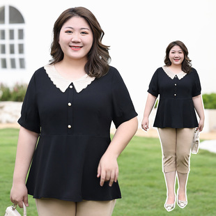 Plus Size Women's Short-Sleeved Tops 2025 Summer New Fat mm 100kg Waist-Covering Belly-Covering Slimming Look Korean Style V Neck Shirt