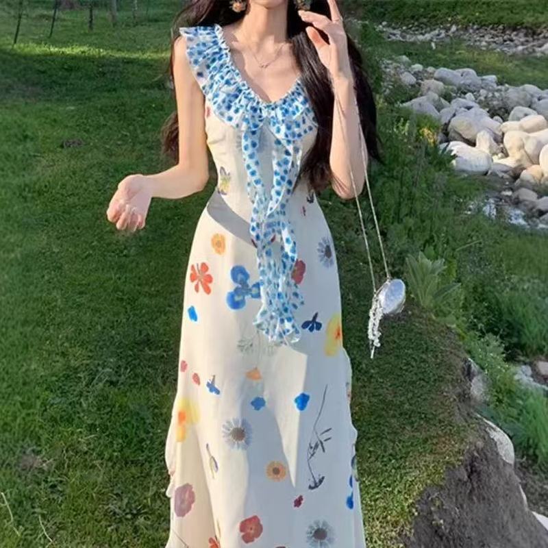 夏季度假风时尚休闲绝美修身长裙法式多巴胺碎花飞飞袖连衣裙子女|undefined