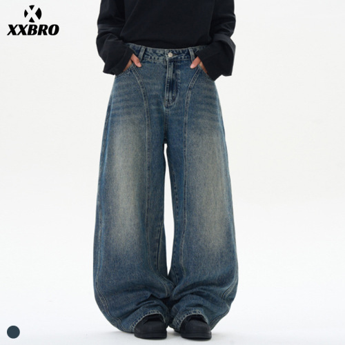 Men's #American High Street Wide Leg Curved Knife Denim, Men's Washed Wide Leg Distressed Banana Pants, Straight Leg Pants for Men