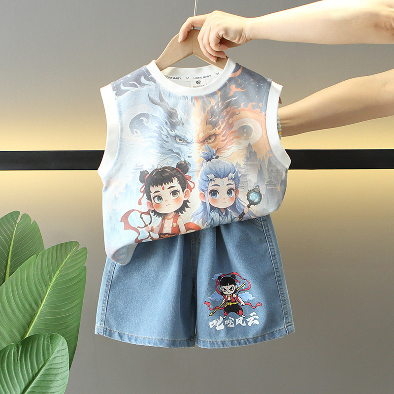 8197 Nezha traje sin mangas de verano para niños 2025 nuevo chaleco delgado de moda para niños de dos piezas para bebés