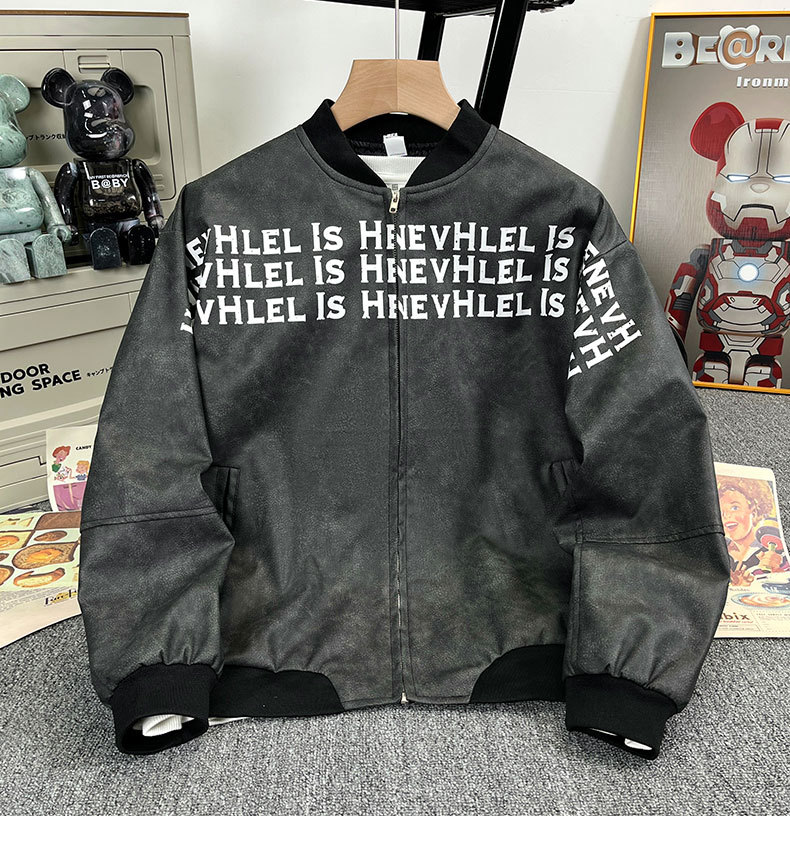 Cuello de béisbol chaqueta de cuero PU hombre primavera y otoño nuevo estilo americano letras de la calle alta impresa con chaqueta suelta