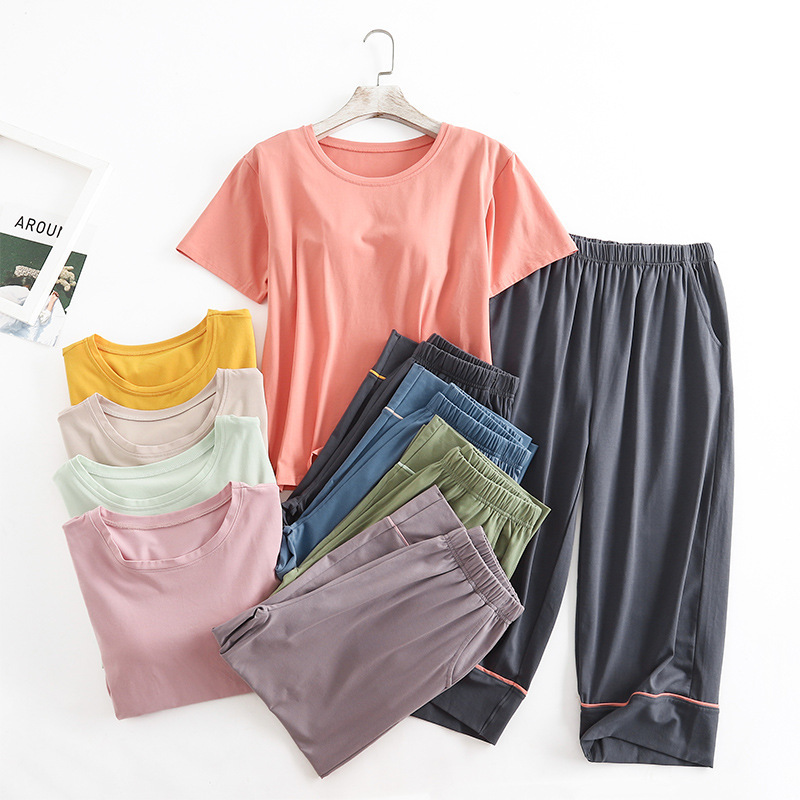 Dropshipping Women's Cotton Spring/Summer Pajamas with Built-In Bra, Casual Thin Short-Sleeve Top and Cropped Pants Loungewear Set Dropshipping Women's Cotton Spring/Summer Pajamas with Built-In Bra, Casual Thin Short-Sleeve Top and Cropped Pants Loungewear Set