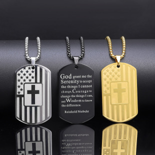 Cross-Border Hot Selling Stainless Steel American Flag Cross Necklace Amazon European and American Titanium Steel Military Brand Engraving Wholesale