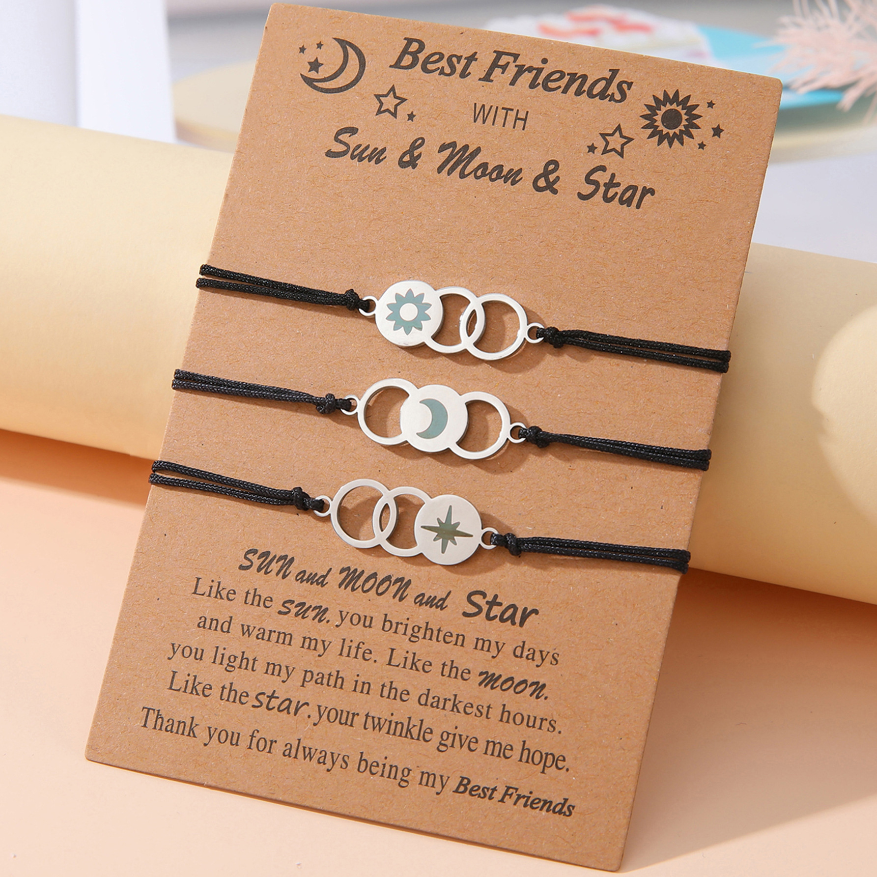 Amazon Hot Selling Friendship Bracelet European and American Creative Stainless Steel Laser Sun Moon Star Couple Hand-woven Hand Rope