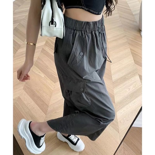 Women's Loose Fit American Workwear Skirt with Elastic Waist and Drawstring, Casual and Versatile A-Line Medium-Length Skirt with Slits