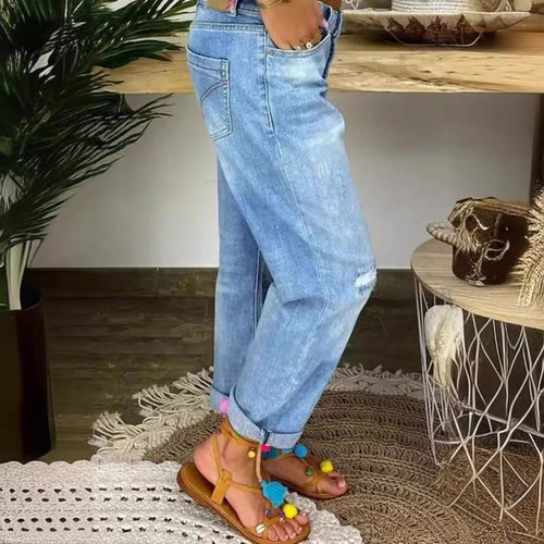 2025 European and American Cross-border New Blue Hole Jeans Women's Loose Straight Leg Casual Pants In Stock Denim Fabric