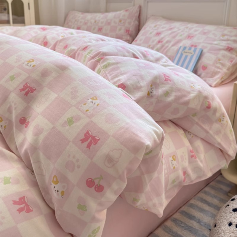 Cama de hilo de doble capa de algodón estilo ins Juego de cuatro piezas Funda de edredón de algodón puro para niños 2025 Nuevo juego de tres piezas de dormitorio de sábanas