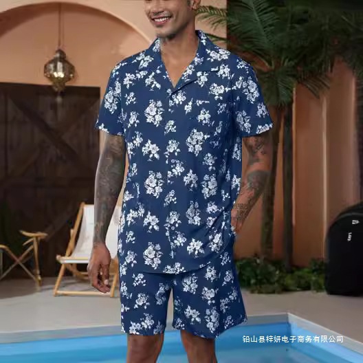 국경 간 새로운 남성 셔츠 캐주얼 세트 3D 디지털 인쇄 해변 짧은 소매 반바지 공장 직접 포드 세트