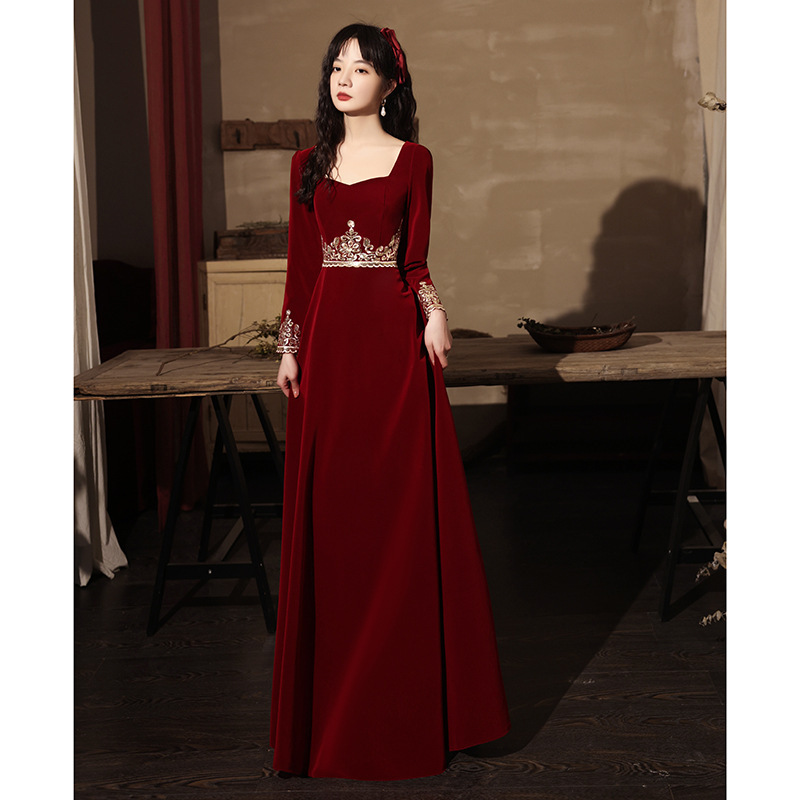 Toast dress bride 2024 new summer and autumn wedding engagement evening dress long sleeve pregnant women belly covering wine red suede