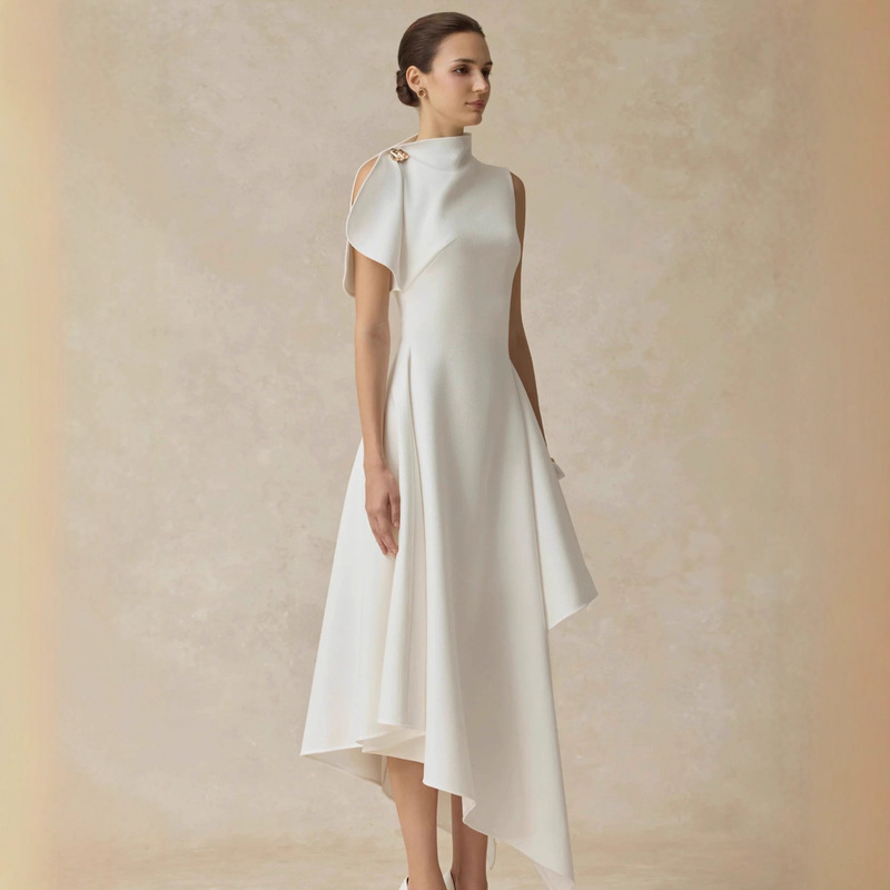 In-Stock Vietnamese Designer Elegant Long Dress with a Cinched Waist, Light Formal Gown in a Socialite Style with an Asymmetrical Skirt In-Stock Vietnamese Designer Elegant Long Dress with a Cinched Waist, Light Formal Gown in a Socialite Style with an Asymmetrical Skirt