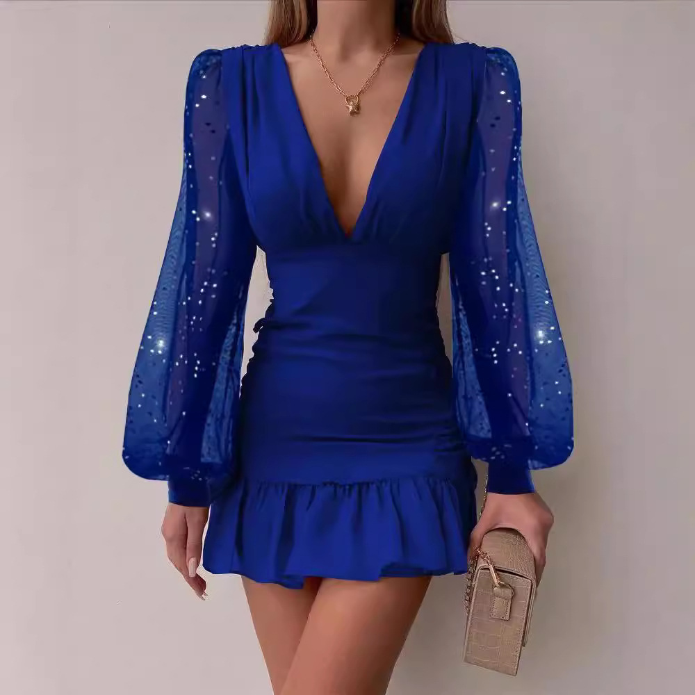 Vestido midi de chifón sexy con cuello en V, elegante y con estampado en la cintura, estilo nuevo transfronterizo europeo y americano 2026