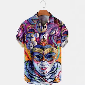 Summer New Fashion Men's Shirt Carnival Mask 3D Printed Pattern Hawaiian Patriotic T-Shirt Women's Short Sleeve Shirt