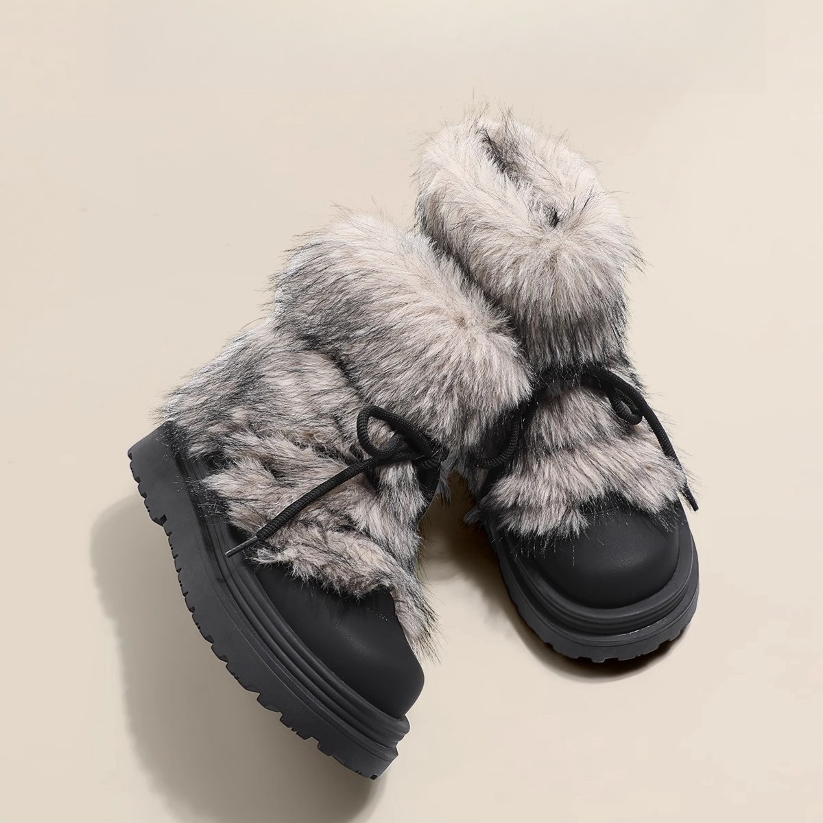 冬の暖炉～毛皮付き滑り止めスノーブーツ レディース 2025秋冬 厚手ファー厚底コットンシューズ ラウンドトゥショートブーツ