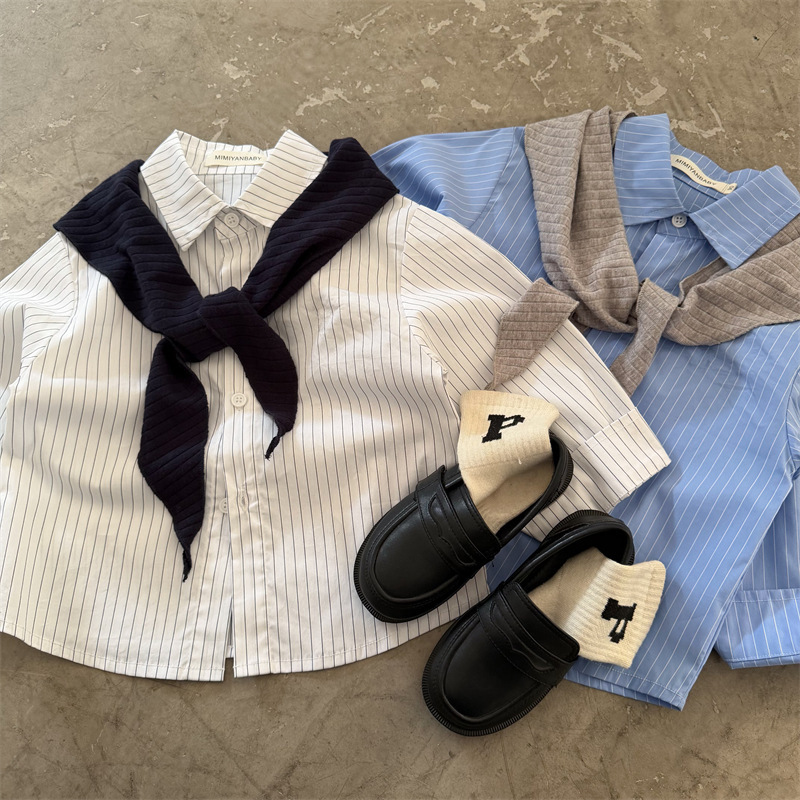 Children's Shirts 2026 New Spring Collection Boys and Girls Korean Style Striped Shirts Baby Shawl Shirts for Layering