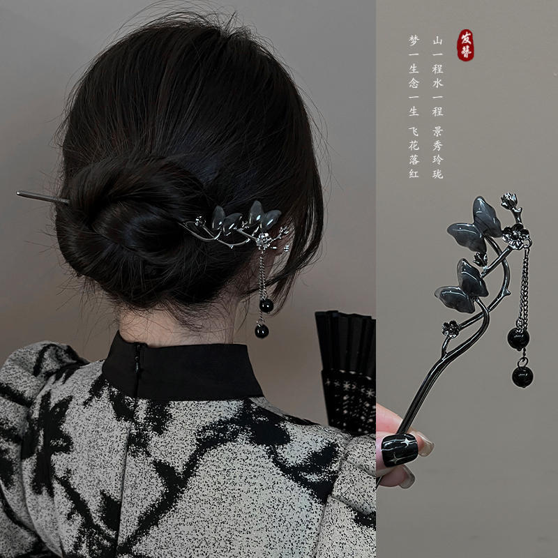 黑檀木新中式发簪女现代简约流苏发钗古风气质高级感盘发头饰|undefined