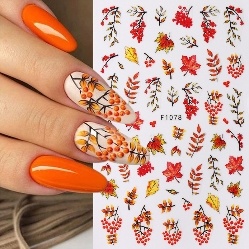 Cross-border New Nail Art Stickers Ins Autumn Maple Leaf Fox Butterfly Sunflower Flower Leaf Adhesive Nail Sticker