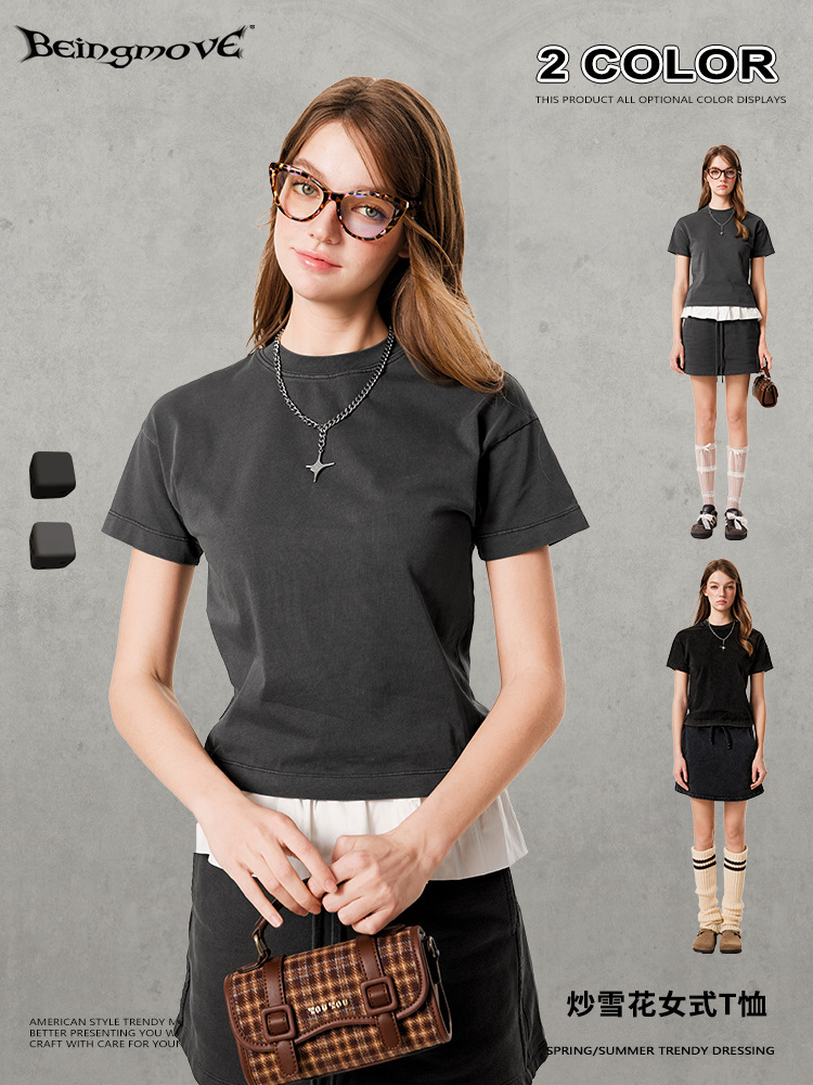 2025 verano americano retro dulce chica caliente versión pequeña camisa de fondo de hombro casual suelta camiseta de manga corta ropa de mujer image 3