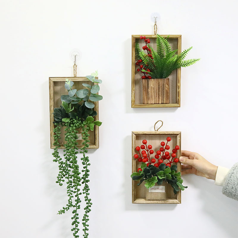 Año Nuevo cuadrado de madera colgante de pared sala de estar colgantes de pared decoración del hogar floral cuttings bayas rojas granada rica