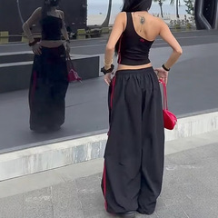 美式撞色条纹松紧腰休闲裤女春秋新款垂感运动伞兵裤显瘦阔腿裤子