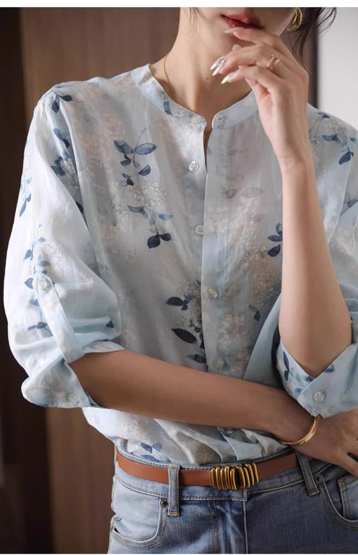 Áo sơ mi cotton in họa tiết tay lỡ nữ kiểu Chanel tôn dáng — Màu xanh da trời chi tiết 10