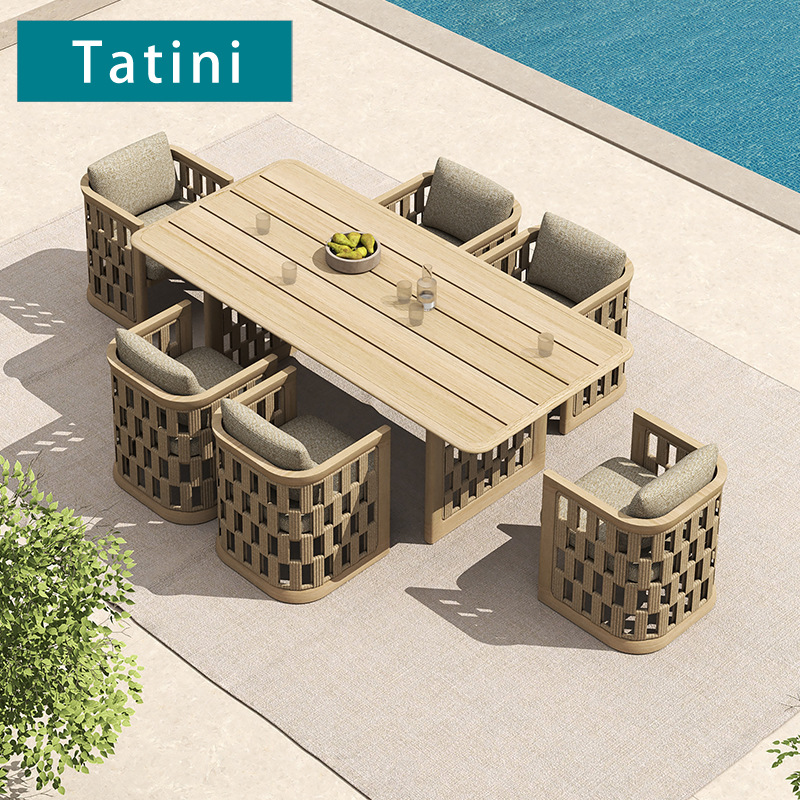 Mesa y sillas de teca al aire libre patio jardín tabla de madera impermeable hotel villa resort todo el tiempo mesa larga de madera maciza