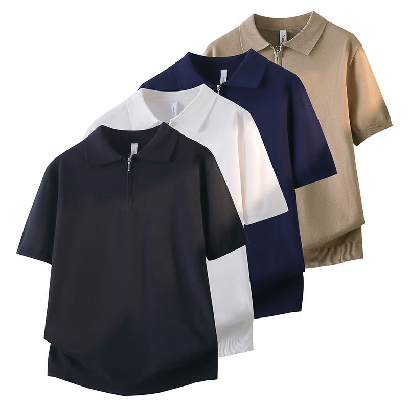 Polo camiseta de punto camiseta de manga corta hombre solapa media cremallera vieja camiseta de hielo de negocios de verano fábrica transfronteriza al por mayor