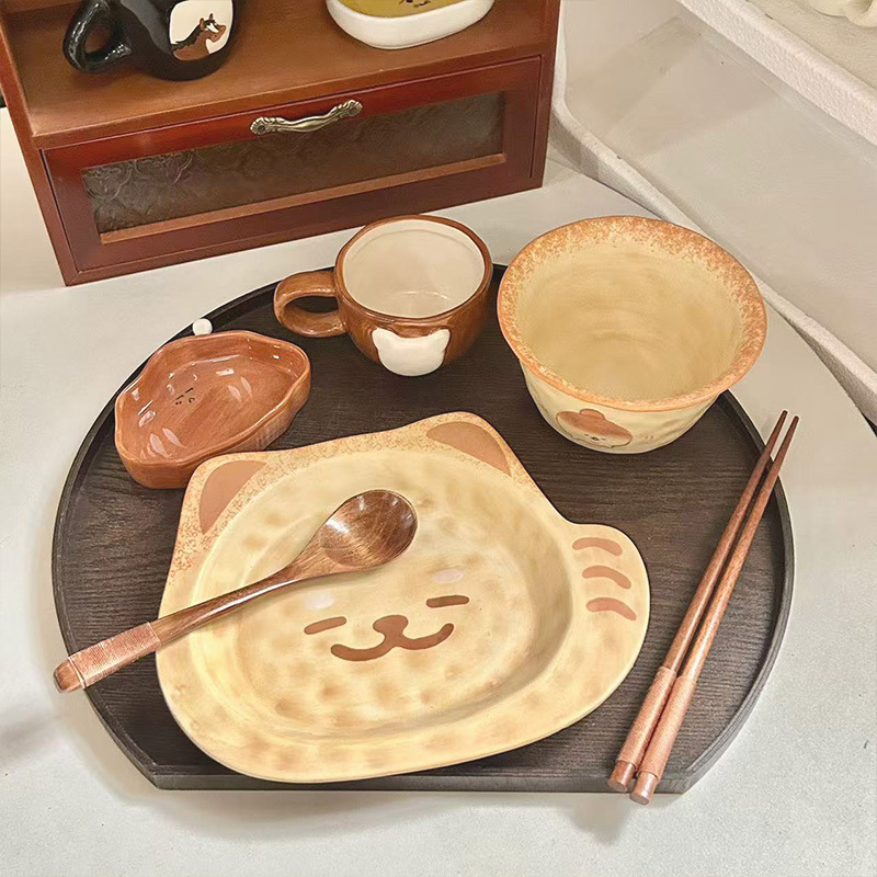 Cute Cartoon Ceramic Tableware Set for Home Use, Underglaze Colored Bowls and Plates, Single-Serving Postpartum Tableware, Ceremonial Bear Plate