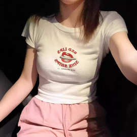 BM风 新款美式嘴唇印花短袖T恤女夏季 bm高腰棉质半袖辣妹上衣