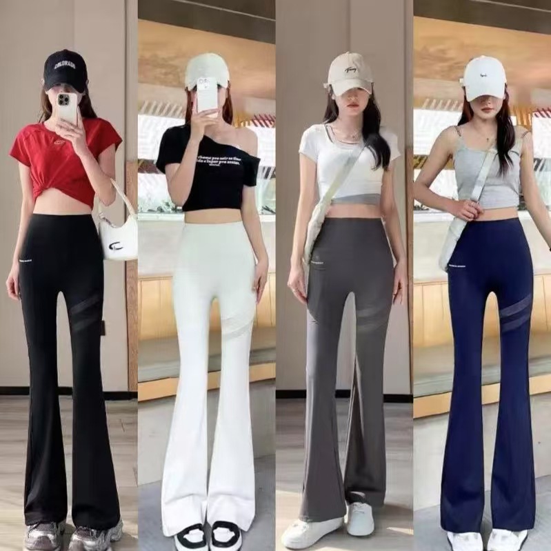 2025 New Mesh Micro-Flared Pants with Pockets, Shark Pants, Tummy Control, Slimming, Slim-Fit Micro-Flared Pants