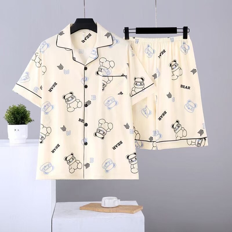 Pajamas Men's Summer Short-Sleeved Shorts Plus Fat Plus Size Teenagers Thin Cardigan Loose Junior High School Students Home Clothes Set