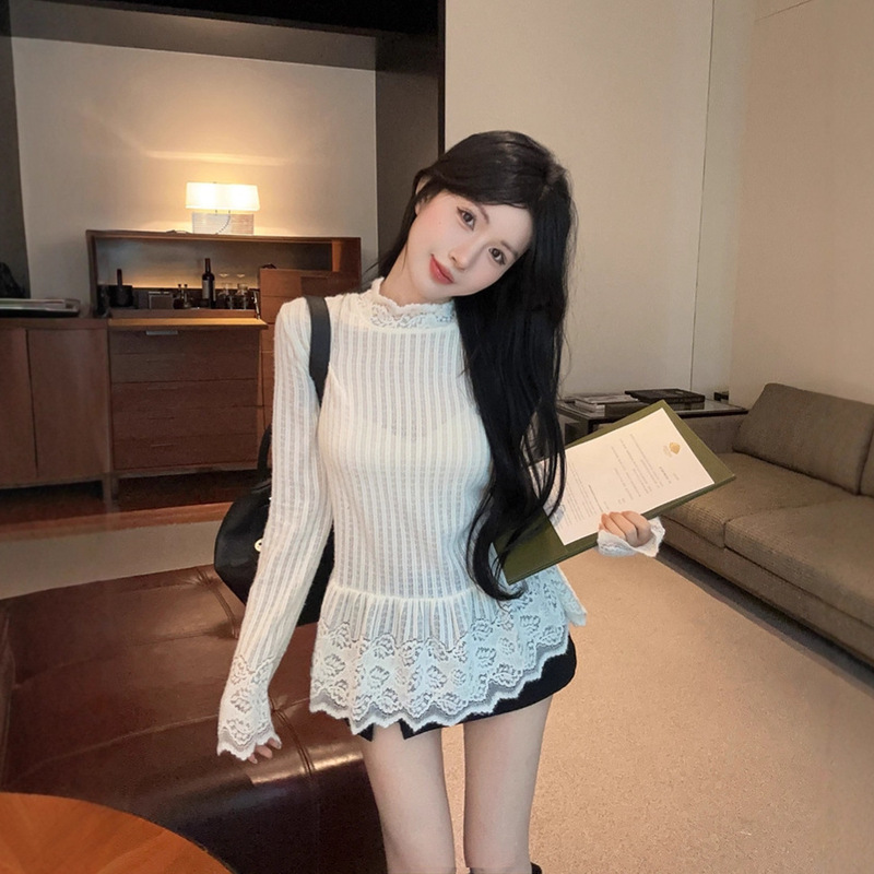 设计感蕾丝花边长袖套头T恤女秋季2025新款韩版别致内搭打底衫潮|undefined