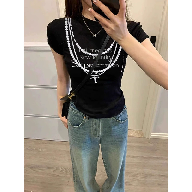[210 г, 40 шт., тонкий хлопок 1*1] Американская сексуальная футболка с короткими рукавами и принтом жемчужной цепочки, укороченный топ