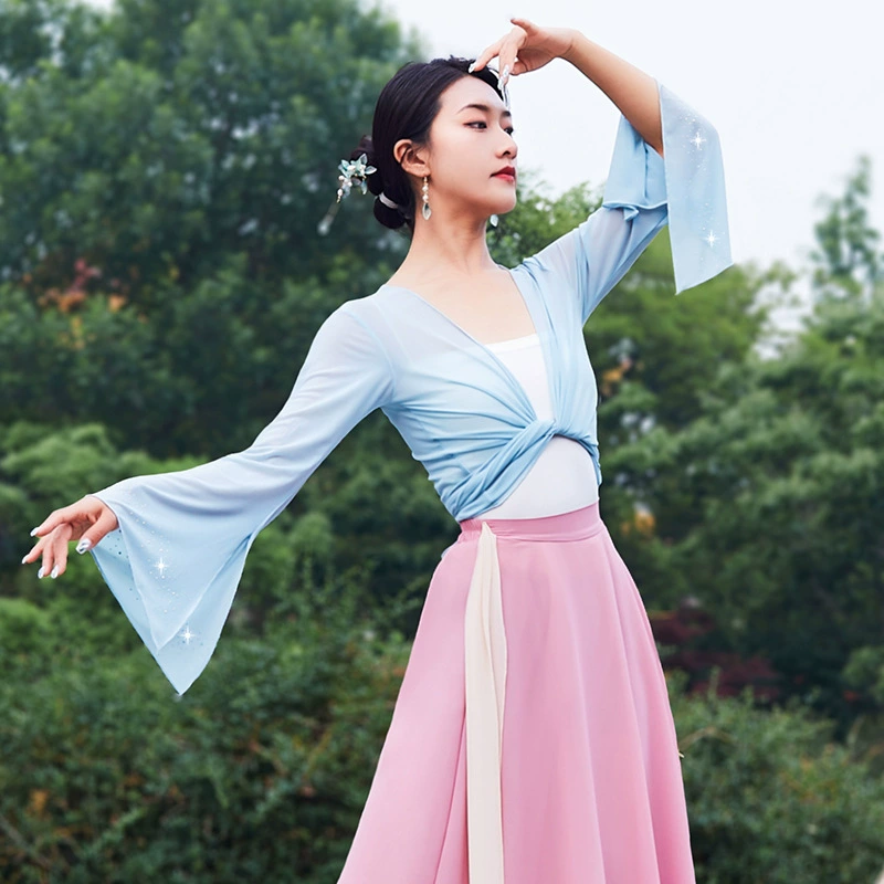 Одежда для занятий классическим танцем для женщин, эластичная марлевая одежда, элегантные тонкие топы для этнических танцев, шифоновая танцевальная одежда для художественного экзамена