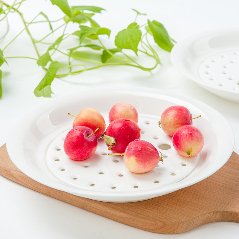 White Bone China Tableware Creative Tray Ceramic Plate Household Oil Control Bowl Large Dish Plate Fruit Double-Layer Drain Dumpling Plate
