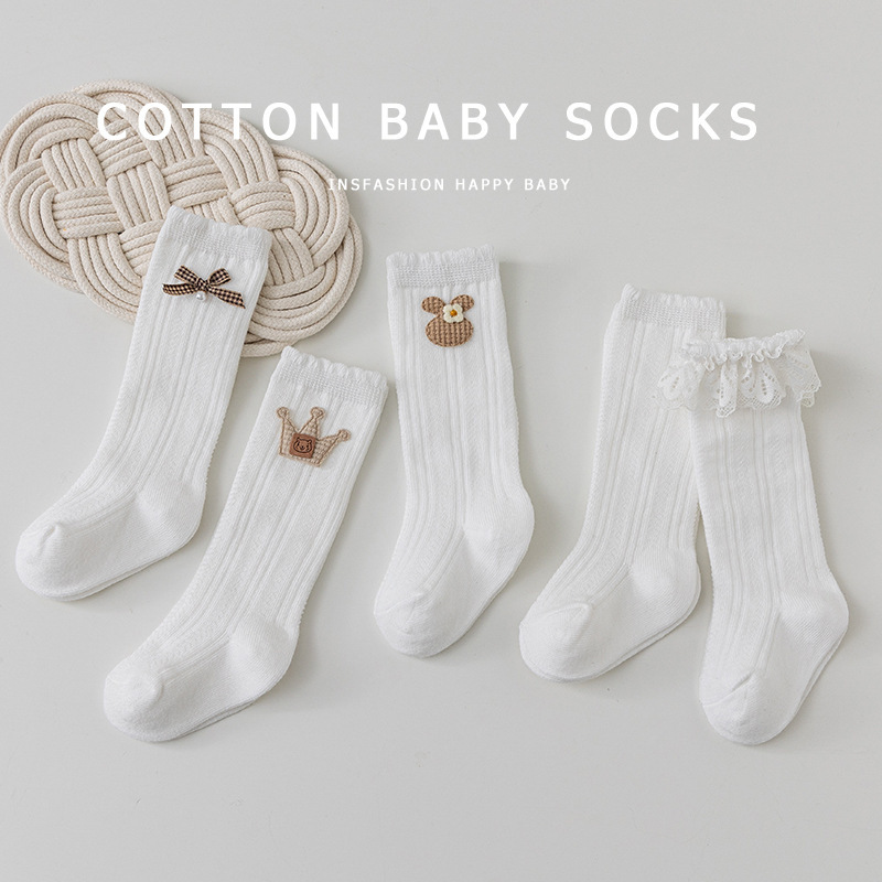 Newborn Infant Girl Baby 0-1-3 Years Old Class A Combed Cotton Spring and Autumn Lace White Knee-length Socks