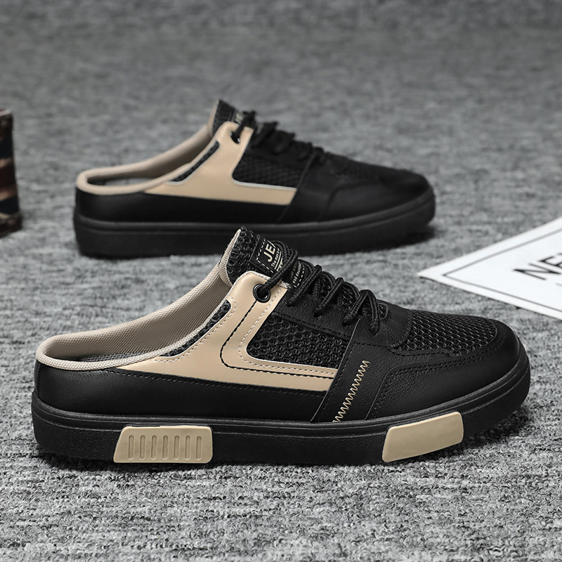 Zapatos de hombre de gran tamaño, estilo de explosión de verano, malla hueca y transpirable para adolescentes, sin tacón, medias pantuflas Baotou para hombres
