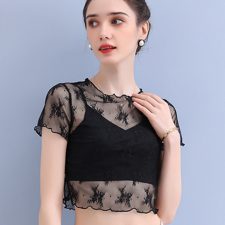 Summer Black Mesh Short-Sleeve T-Shirt for Women with Ruffled Lace Trim, Stylish Lace Inner Layer, Tight-Fitting Short Top, Thin