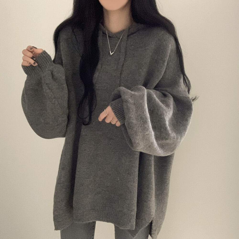 东大门ins冬日韩版慵懒风宽松版中长款连帽套头开叉针织衫毛衣女