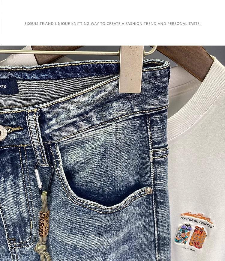 Slim Fit Printed Cropped Jeans For Men Distressed Patched Design_voghion.com