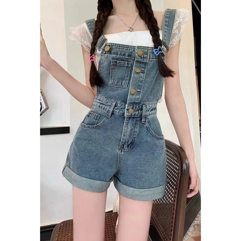 年齢を軽減するデニム サスペンダー ショーツ 2024 夏レトロな新しい作業服スリム デザイン パンツ|undefined