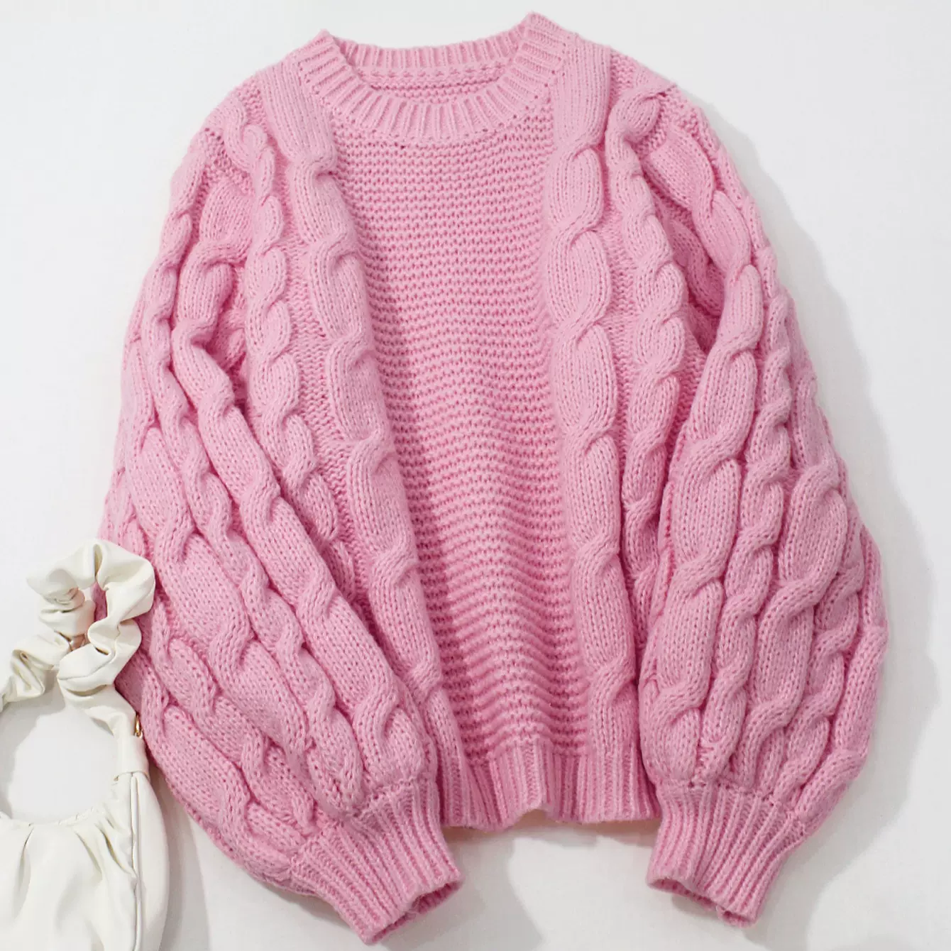 亚马逊跨境秋冬加厚款毛衣粉色圆领灯笼袖甜美麻花粗针织套头上衣