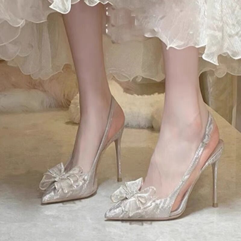 Spring and Autumn 2025 High-heeled Shoes Pointed-toe Thin-heeled Shoes Transparent Bow Rhinestone Sandals Fairy Style